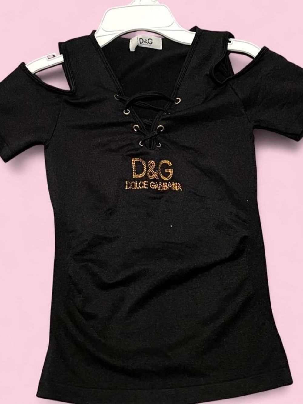 Dolce & Gabbana vintage Black Cold-Shoulder Lace-Up Tee with Gold Logo Detail